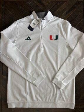 adidas White Miami U Quarter-Zip Pullover with Green & Orange Logo
